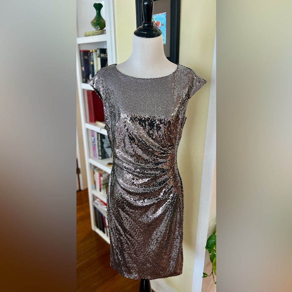 Anne Klein Shimmering Sparkle Silver Rouched Waist Mini Dress Sz M - Picture 4 of 11